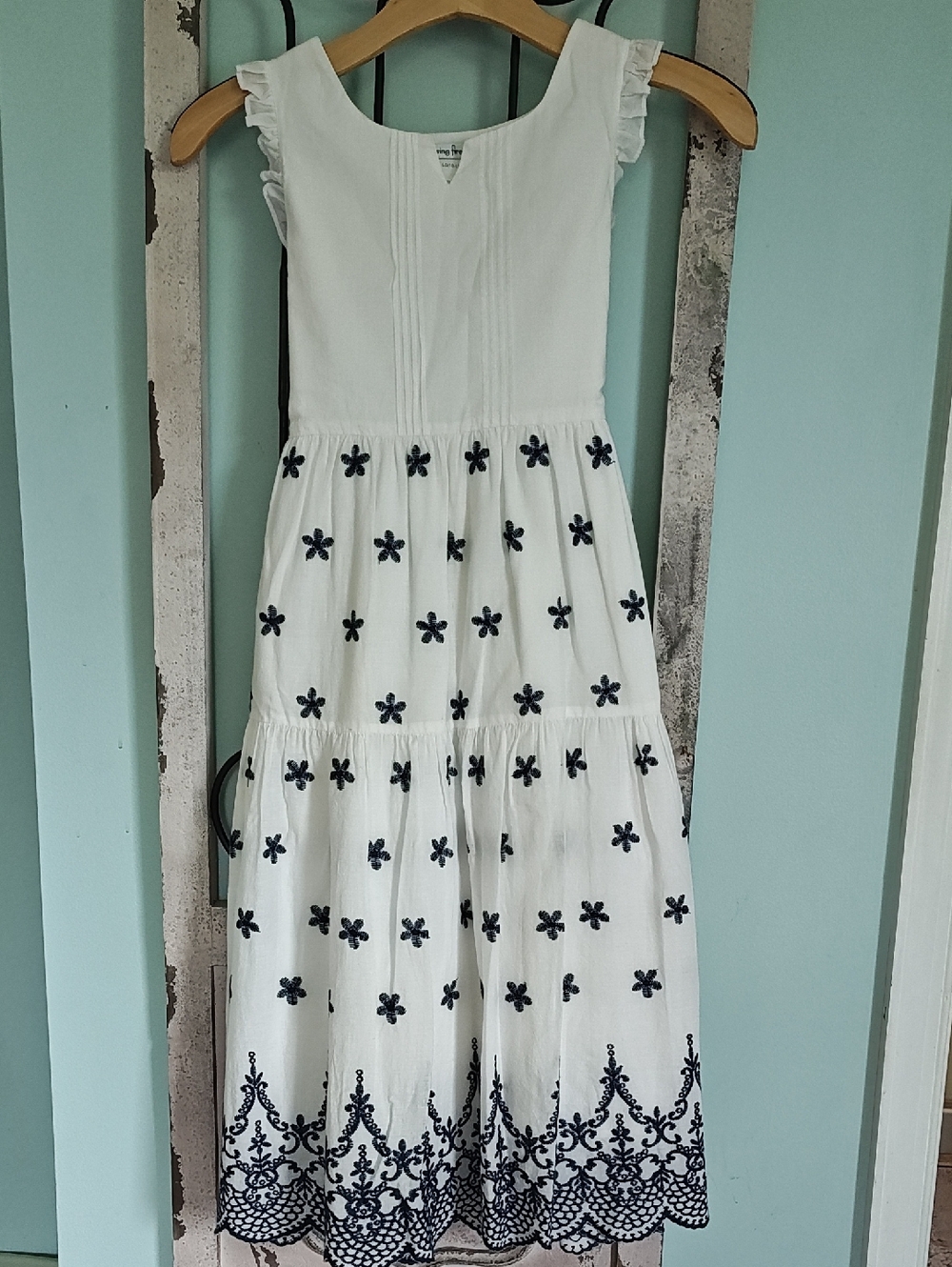 Chasing Fireflies White Cotton Dress with Navy Floral Embroidery Girls Sz 10-12